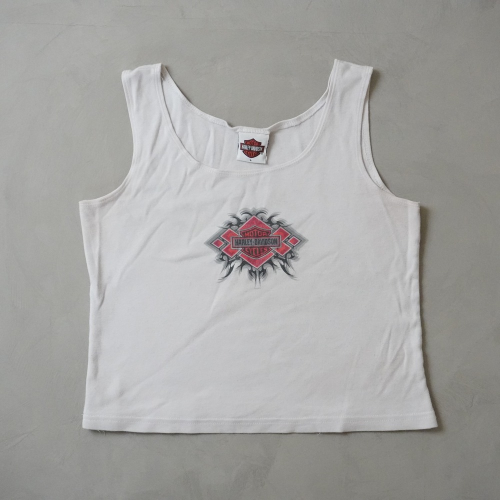 Vintage Harley Davidson Tank Top Large Womens White Ocean State RI Biker Y2K